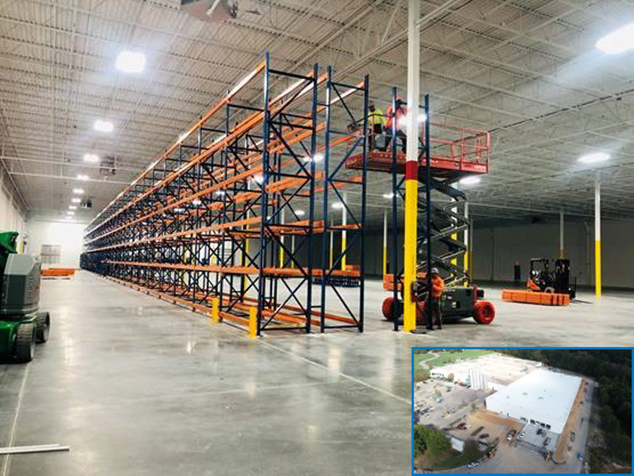 Interior and aerial views of the new Röchling logistics center located in Dallas, NC, USA.