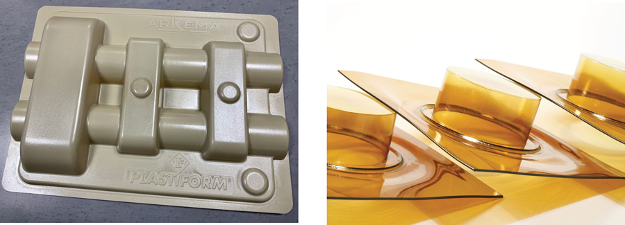 Semi-crystalline (opaque) and amorphous (transparent) PEKK parts made with Arolux® sheet from Westlake Plastics and Kepstan® PEKK resin. Left image courtesy of Plastiform.