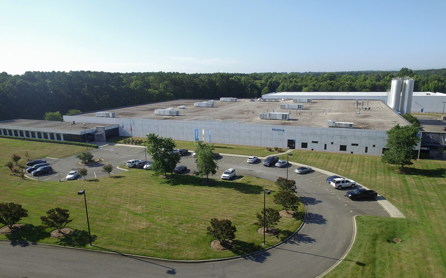 Aerial view of Roechling Industrial Gastonia, including their newly added warehouse and logistics center, located in Dallas, NC, USA. 