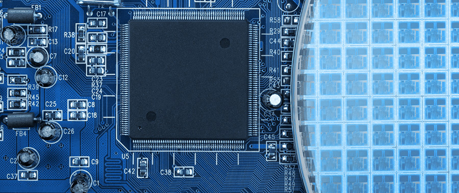 A closeup view of a semiconductor and surrounding components