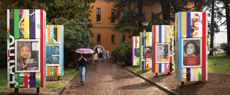 an aluminum composite material consisting of two pre-painted sheets of 0.012" aluminum bonded to a solid polyethylene core — from 3A Composites, USA, Inc. was used to transform the entry of this cultural center in Italy