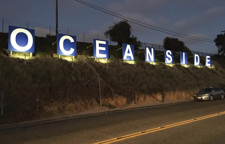 Oceanside Harbor signage with bottom lighting