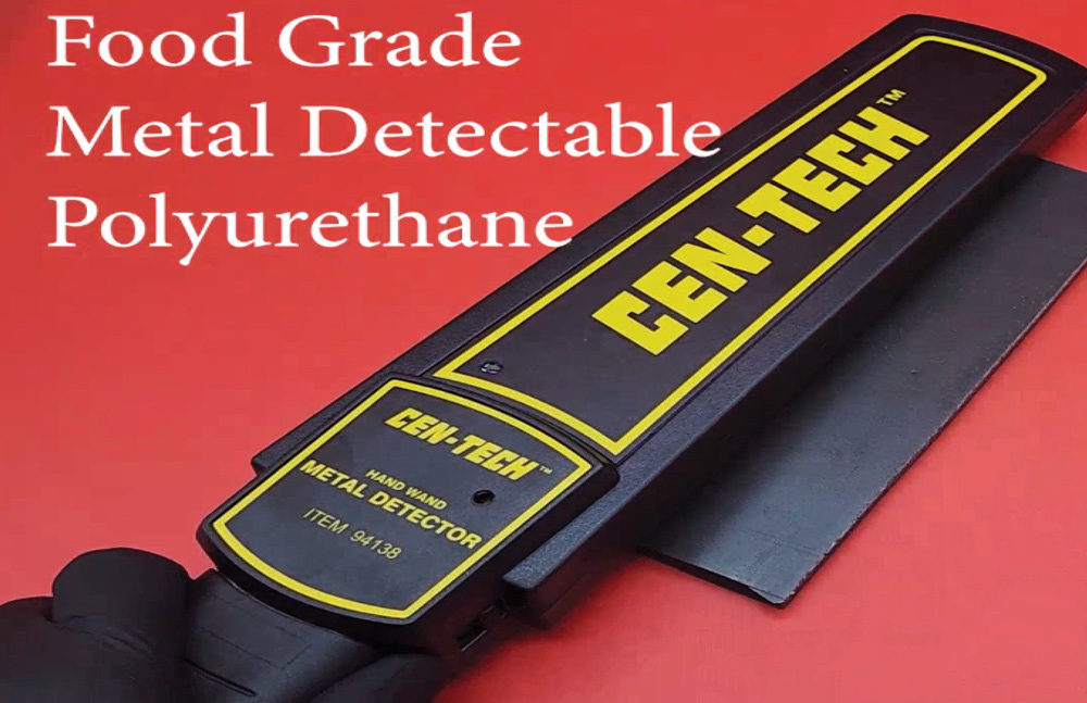 Metal Detector on red background with text stating "Food Grade Metal Detectable Polyurethane"