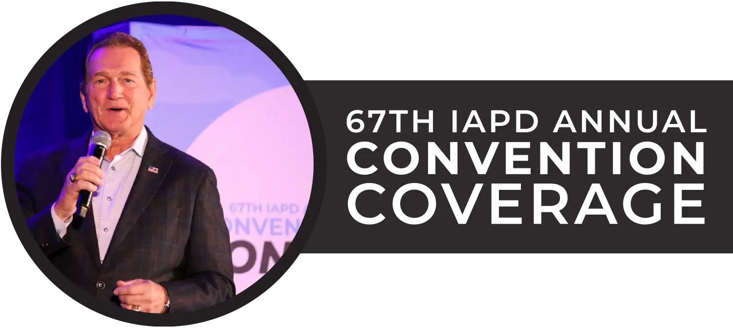 67th IAPD Convention Coverage typography beside an image of convention keynote speaker Joe Theismann