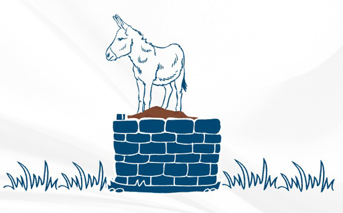 Illustration of a donkey standing on a stone well, on top of grass