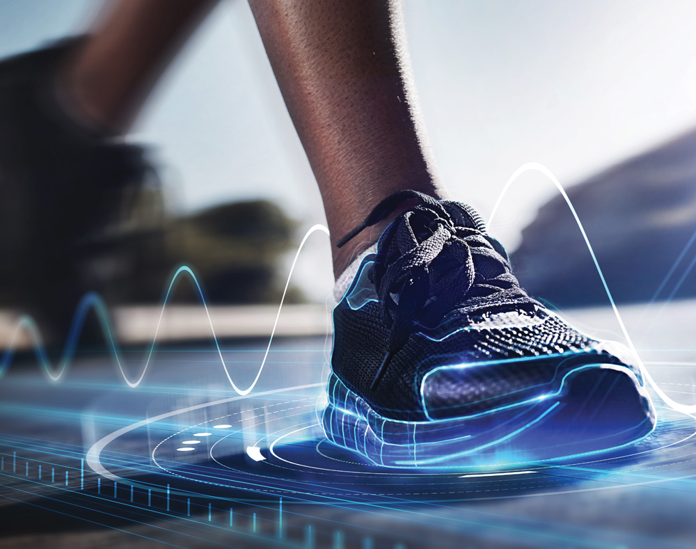 close up of foot walking in Pebax® elastomers by Arkema Inc. surrounded by digital graphics