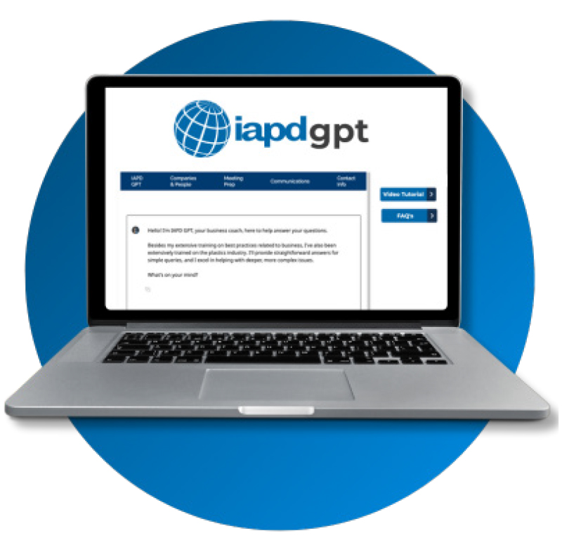 A silver laptop computer is shown in the center of the image, placed on a white surface against a plain gray background. The laptop's screen is displaying a website with the title "iapdgpt" and an icon of a globe.