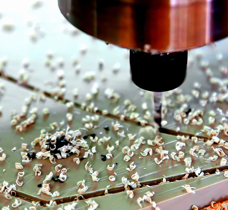 close up of a milling spindle working on material that produces fine particulate and granular chips, while drilling