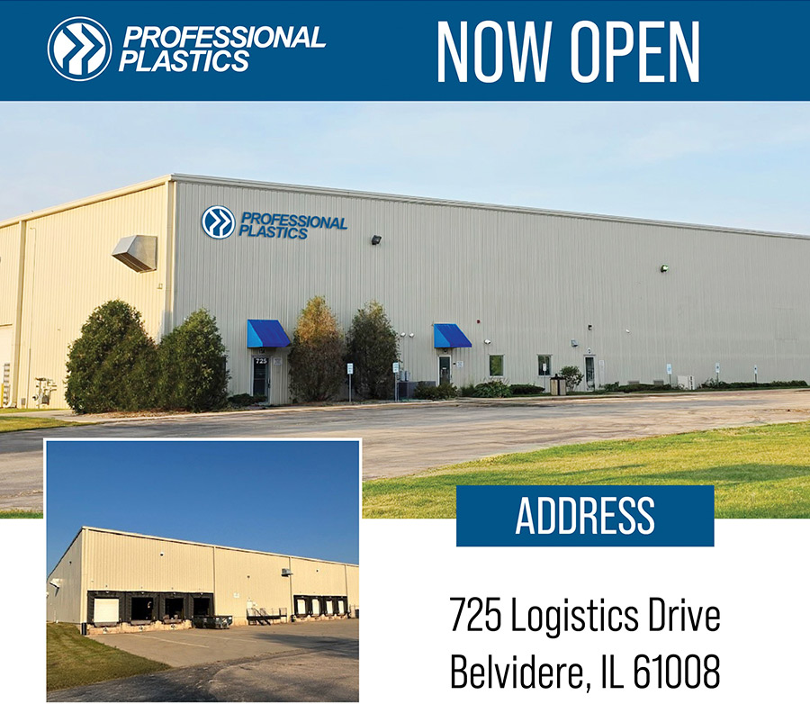 graphic that reads “Now Open” with two views of the Professional Plastics facility along with the facility address