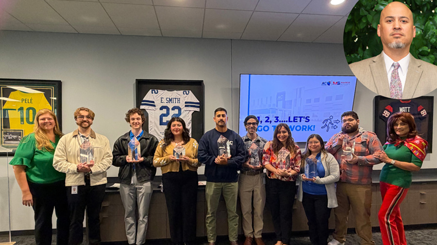 ten A&C Plastics employees and one take a group photo each holding a glass award, a single headshot of a missing employee is overlayed at the top right corner of the image