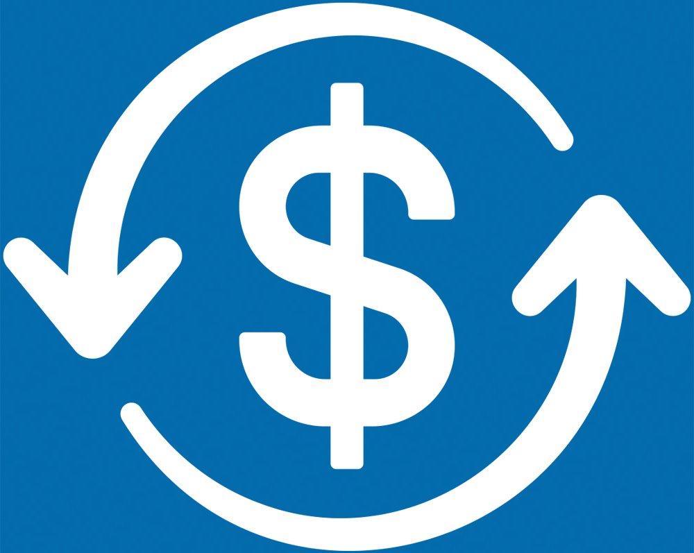 A white graphic icon of a dollar sign centered within a circular arrow, representing financial recycling or exchange.