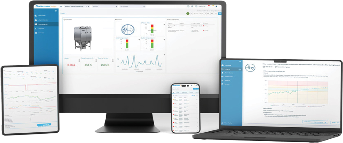 A digital dashboard displayed across a monitor, laptop, tablet, and phone, showing real-time industrial filtration data, system alerts, and filter health analytics.