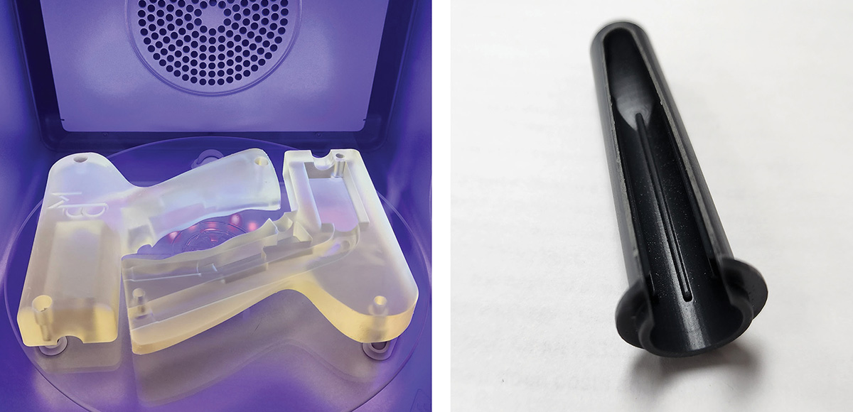 Translucent 3D-printed plastic components resting on a turntable inside a UV curing chamber under purple light and a tapered black plastic industrial component with a flanged base and a longitudinal opening, isolated on a white background.