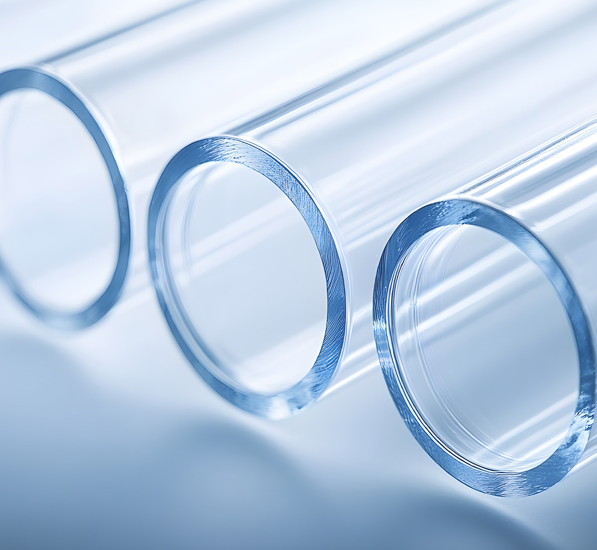 Close-up of three clear, transparent polymeric tubes with thick walls, arranged diagonally on a light blue and white background.