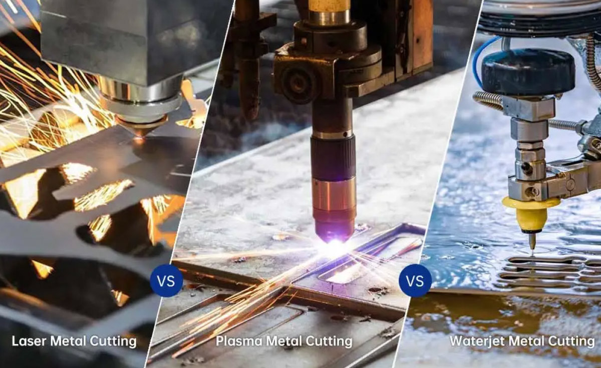 A comparison of three industrial processes: laser metal cutting with sparks, plasma metal cutting with bright light, and waterjet metal cutting.