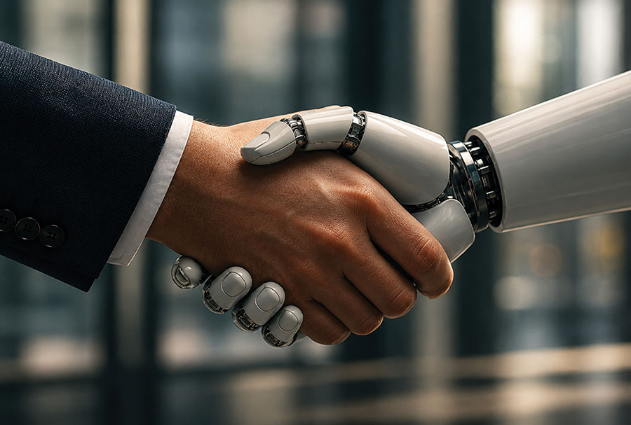 Close-up of a human hand in a suit shaking hands with a robotic hand.