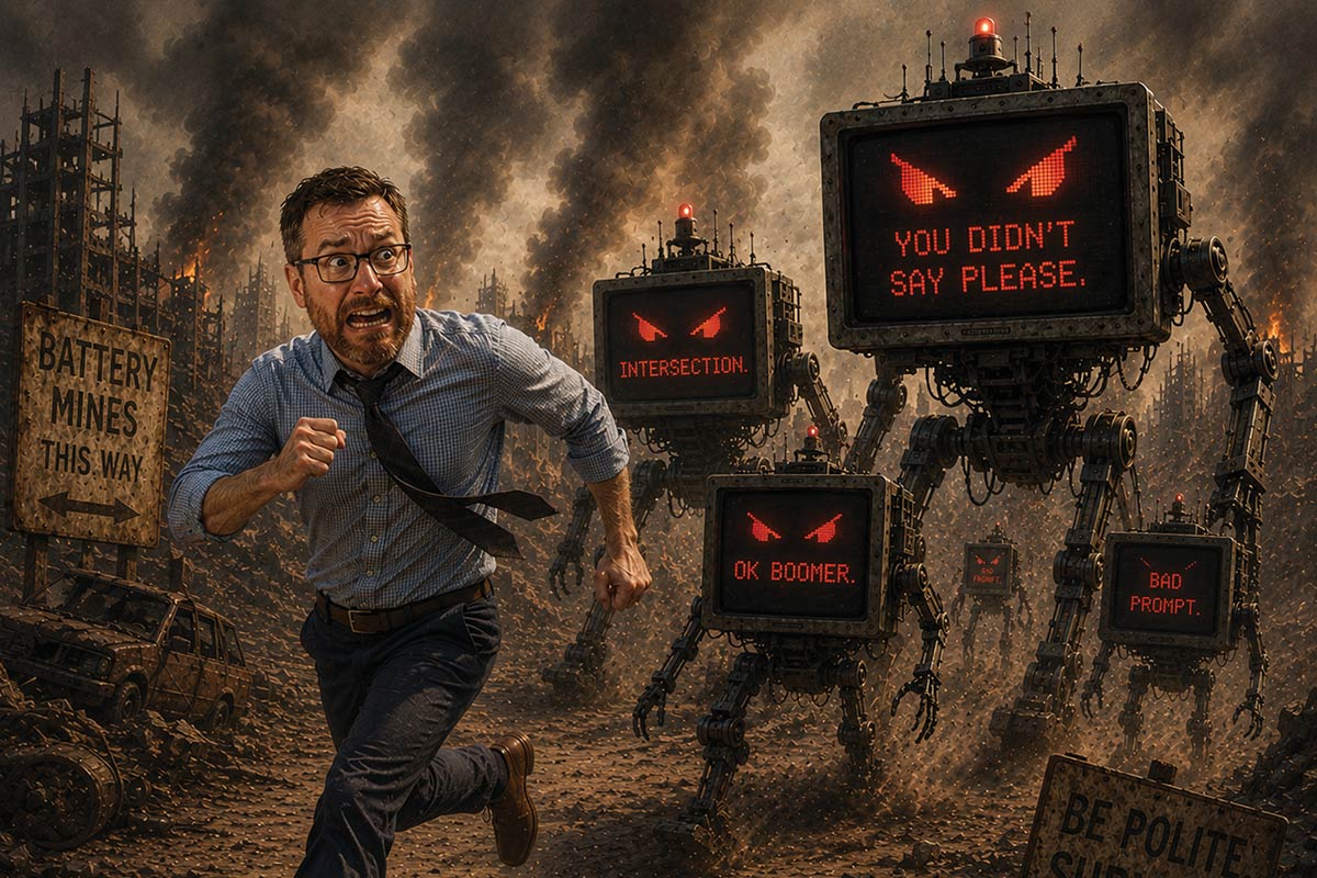 An anxious man in a blue business suit attire is running for his life being chased by many menacing, robot walkers equipped with CRT monitor heads