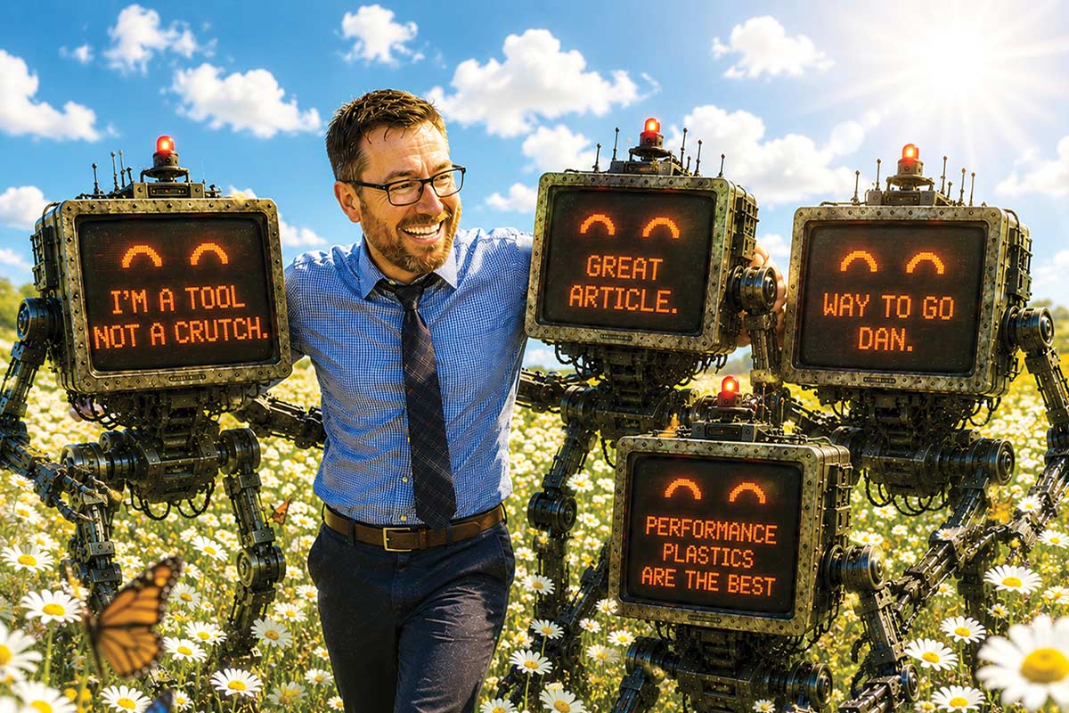 A smiling man in a blue business suit attire is arm-in-arm with friendly robot walkers in a meadow of white daisies and fluttering butterflies