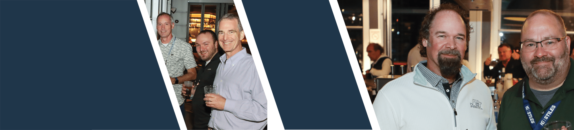 A horizontal composite graphic featuring two slanted photo slices against a dark blue background, showing attendees socialising and holding drinks at an event reception.