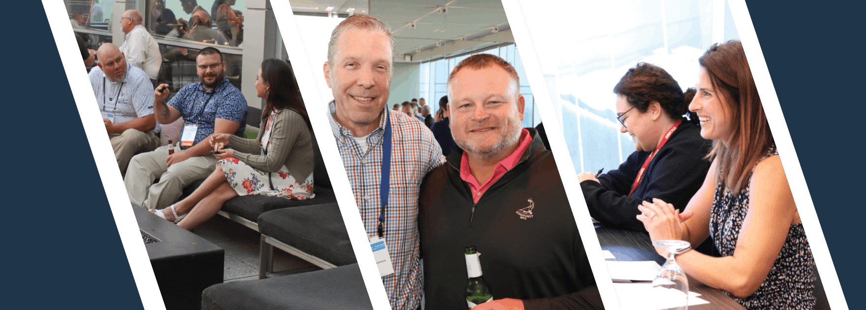 A horizontal composite graphic displaying three slanted photo panels against a dark blue background, depicting attendees networking on outdoor lounge seating, posing together, and participating in a meeting session.