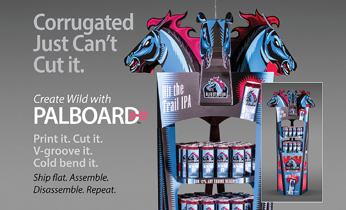 Promotional ad for Palboard 3D display stand holding beer cans, topped with horse head artwork.
