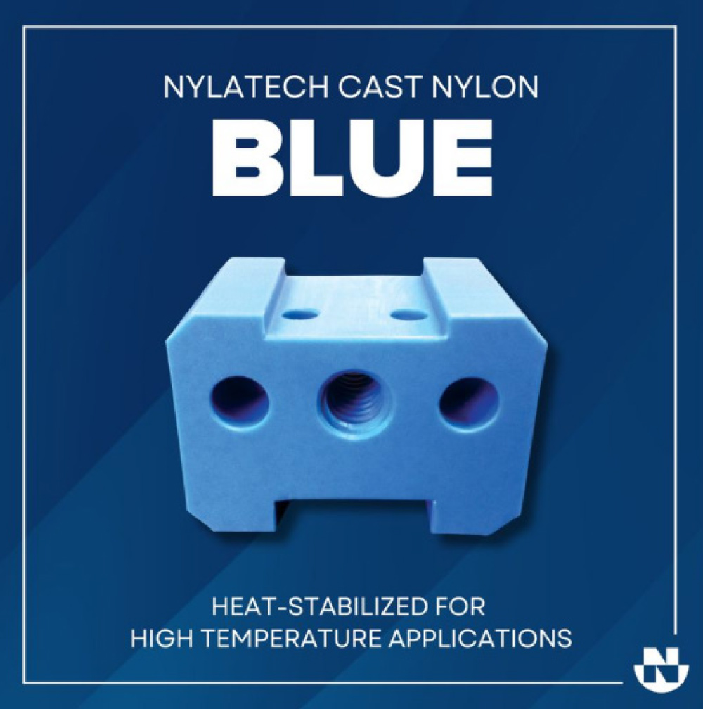 Blue block of Nylatech cast nylon material on a dark blue background with white product text.