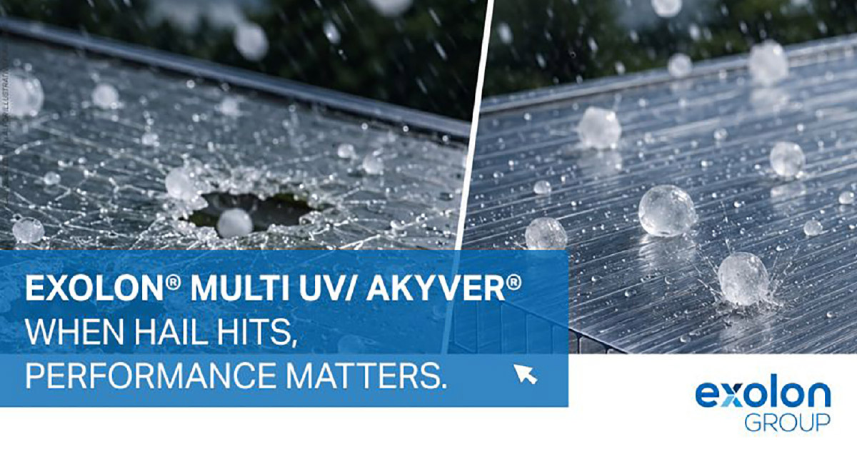 Split image comparing hail striking standard material versus Exolon Multi UV sheet with text on performance.
