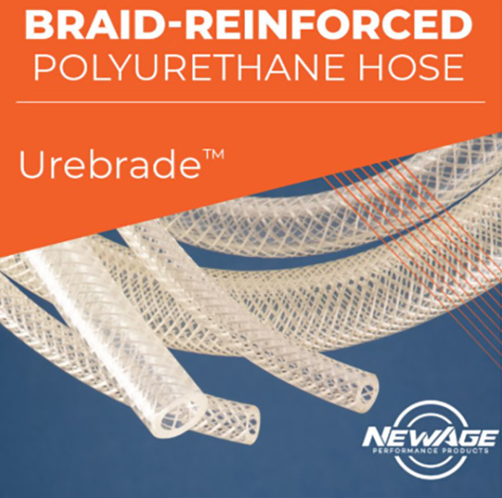 Coils of clear Uregrade braid-reinforced polyurethane hose on a blue and orange background.