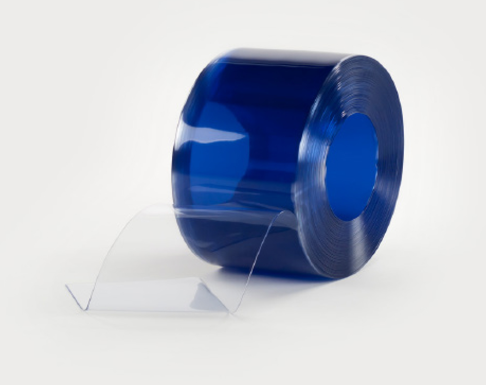 Roll of thick, transparent blue-tinted flexible plastic sheet on a white background.