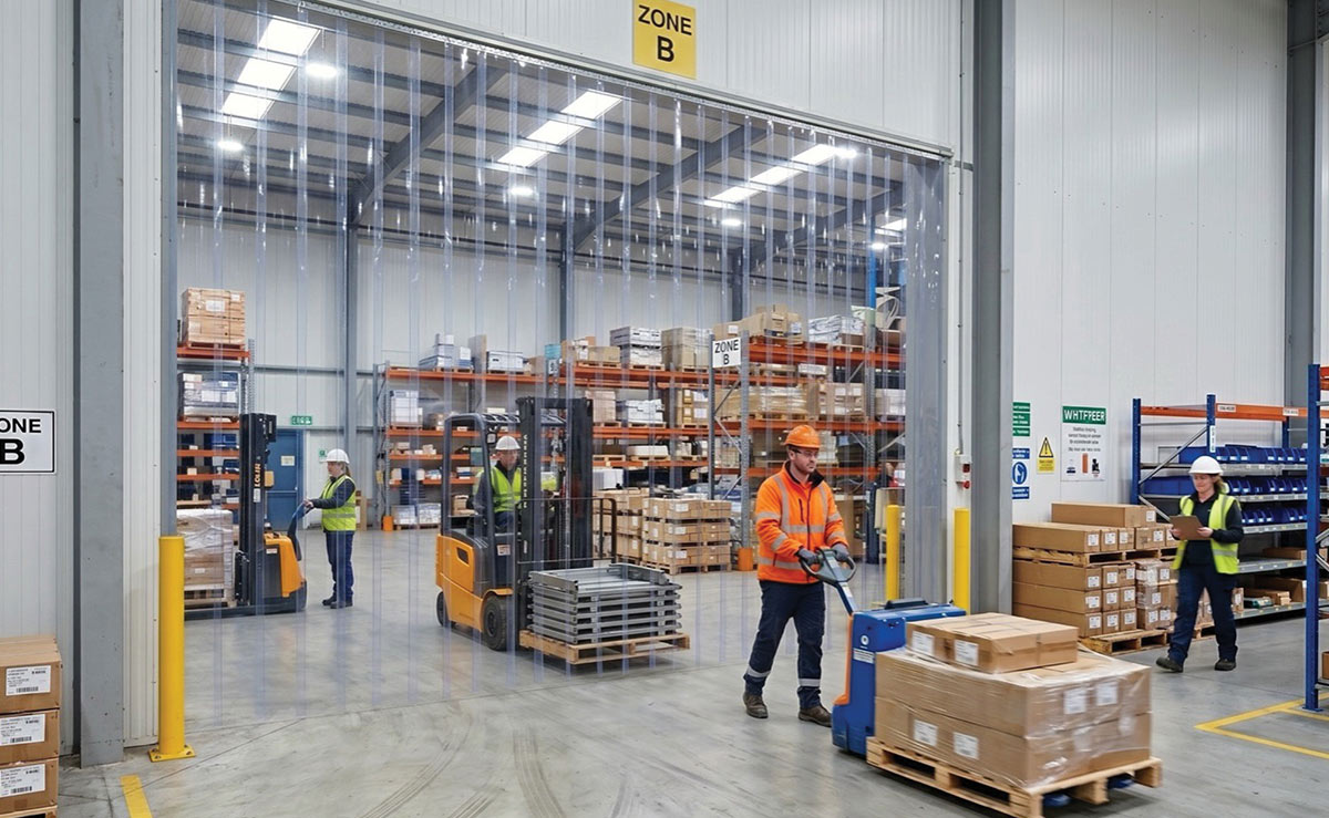 Warehouse workers wearing high-visibility vests operate a forklift and pallet jack loaded with cargo near a large clear plastic strip curtain doorway.